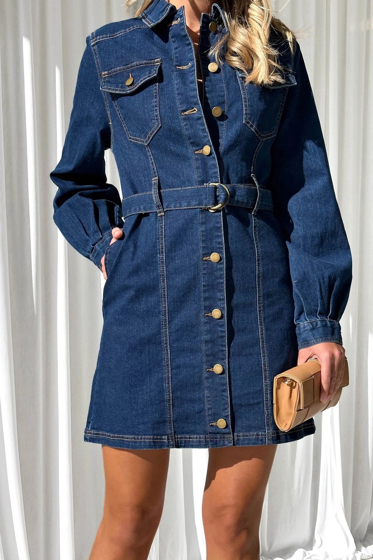 Belted Button-Down Denim Mini Shirt Dress