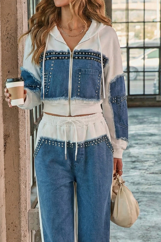 Denim Patchwork Studded Cropped Hoodie