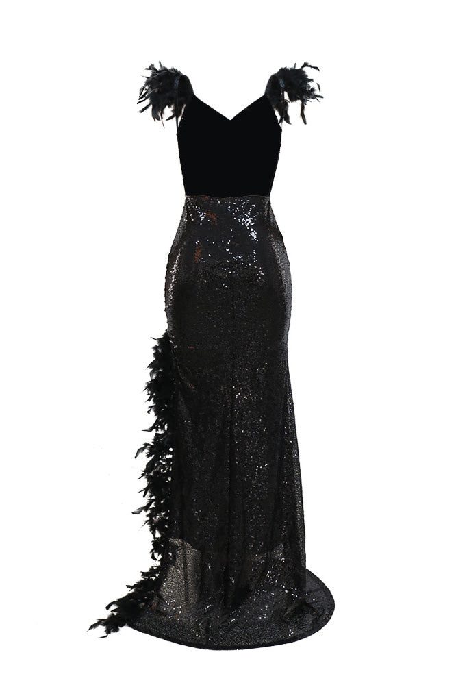 Feather Sequins Strap High Slit Dress
