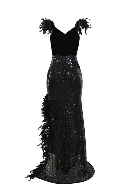 Feather Sequins Strap High Slit Dress