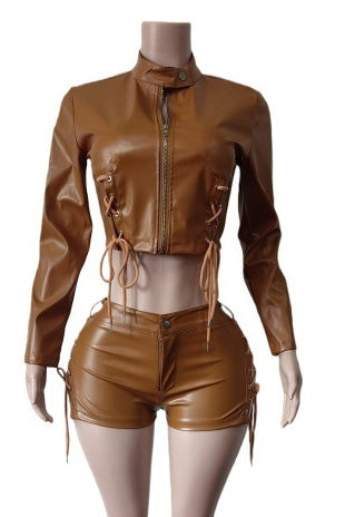 Lace-Up Faux Leather Jacket & Shorts Set