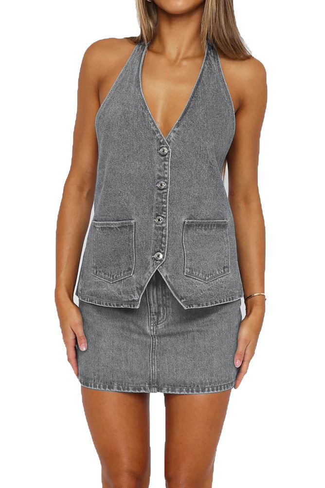 Buttoned Halter Neck Denim Long Top