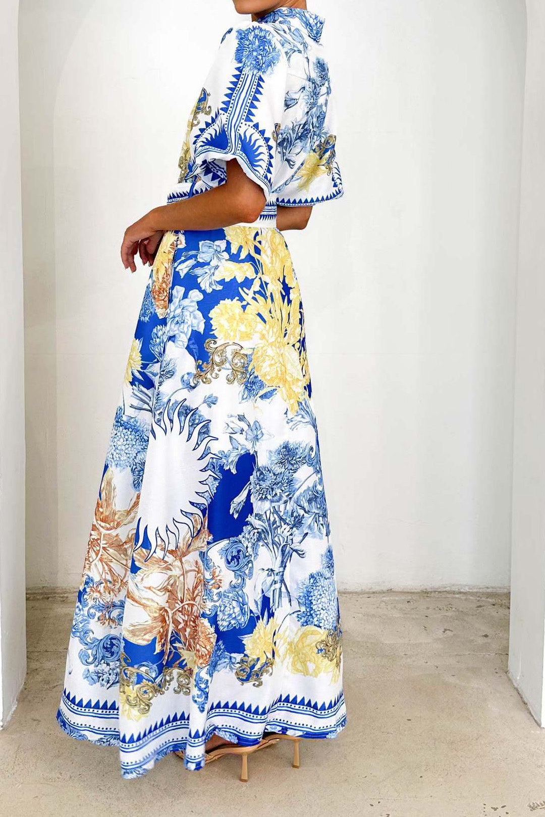 Printed Turn-Down Collar Maxi Dress