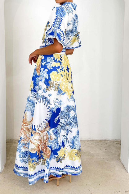 Printed Turn-Down Collar Maxi Dress