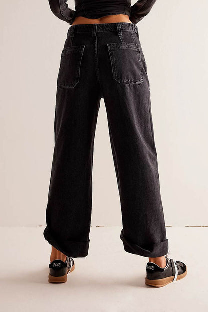 Washed Wide Leg Cuffed Jeans