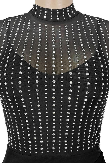 Beaded High-Neck Ruched Mesh Maxi Dress