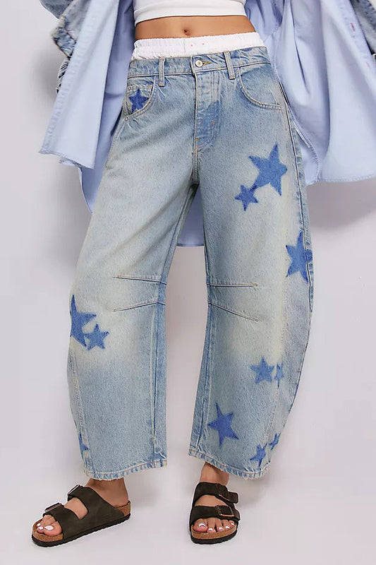 Star Print Relaxed Barrel Leg Jeans