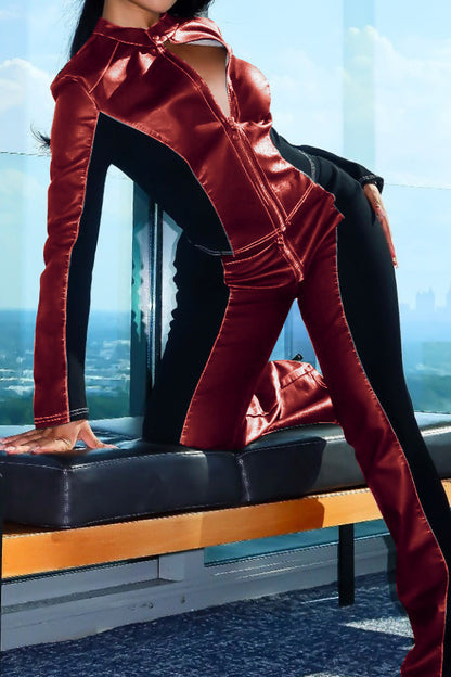 PU Leather Long Sleeve Top and Pants Set