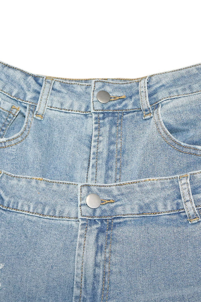 Double-Waistband Asymmetric Distressed Jeans