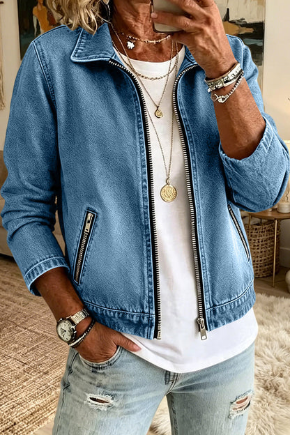 Washed Zip Front Denim Jacket