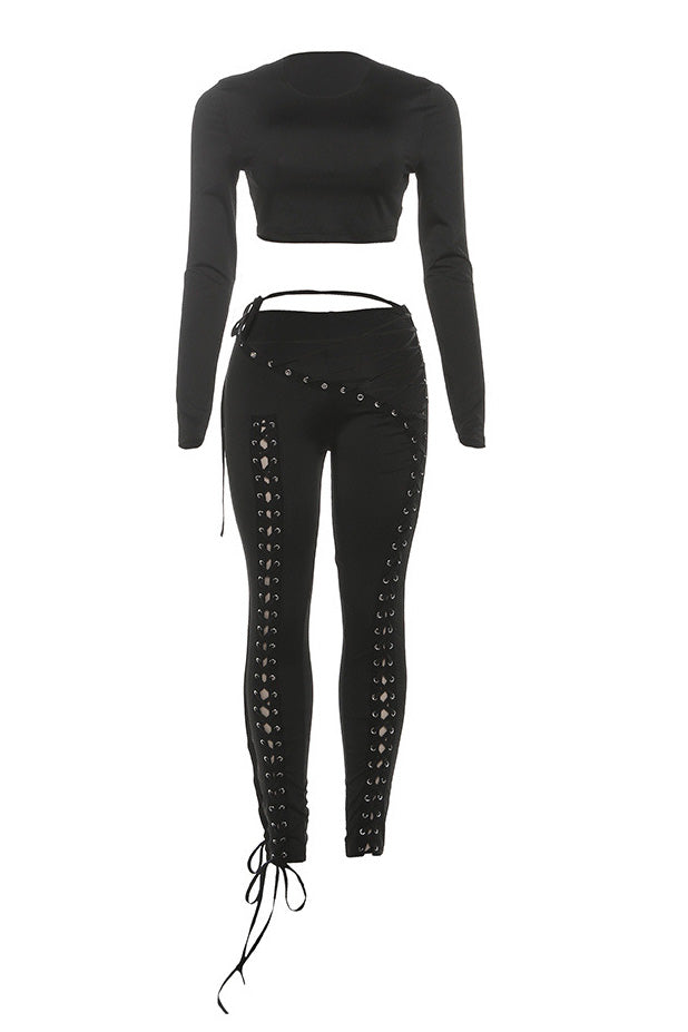 Long Sleeve Crop Top and Lace-Up Pants Set