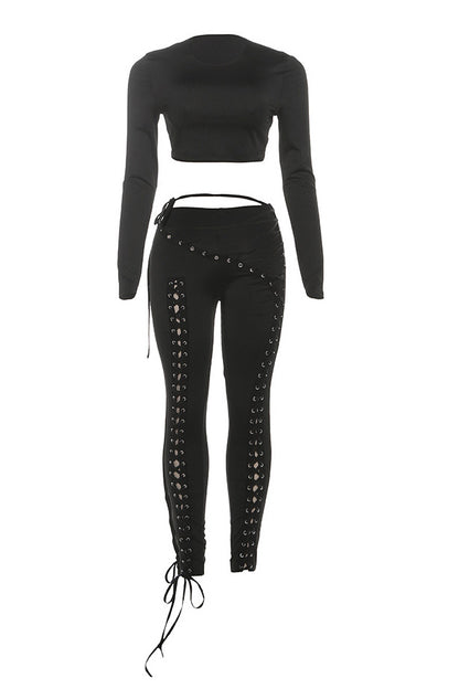 Long Sleeve Crop Top and Lace-Up Pants Set