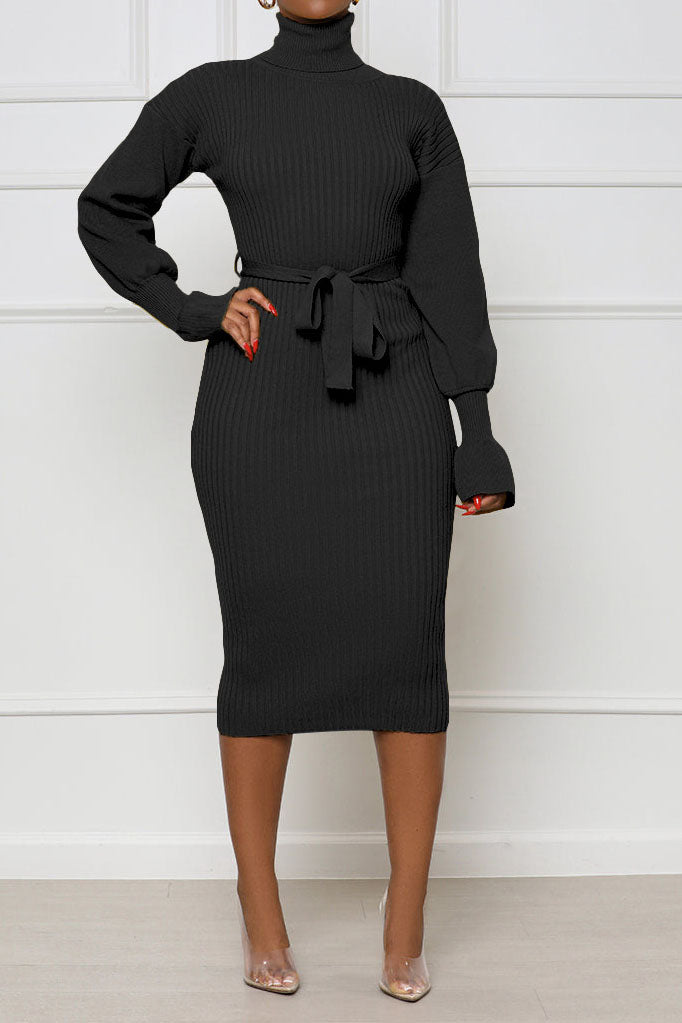 Rib Knit Tie Waist Midi Dress