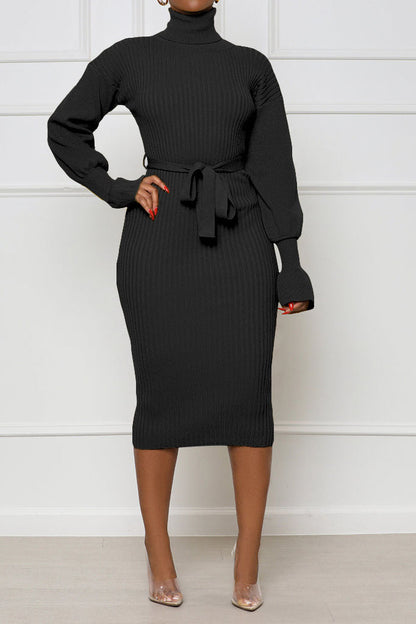 Rib Knit Tie Waist Midi Dress