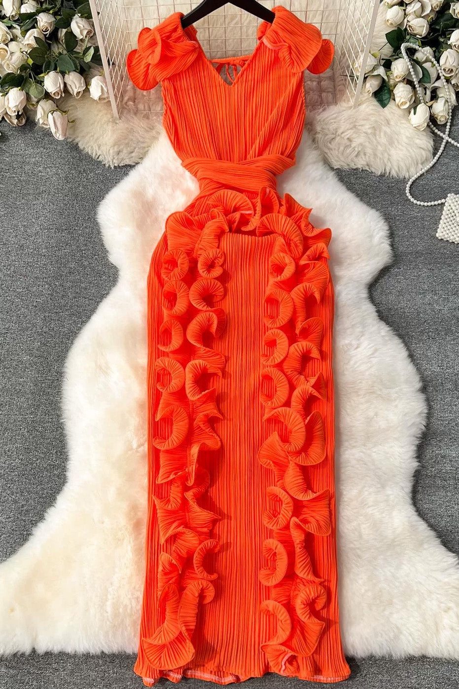 Ruffle 3D Floral V Neck Midi Dress