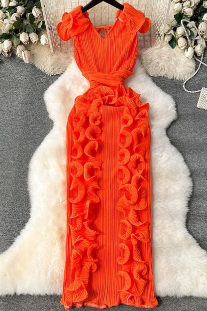 Ruffle 3D Floral V Neck Midi Dress