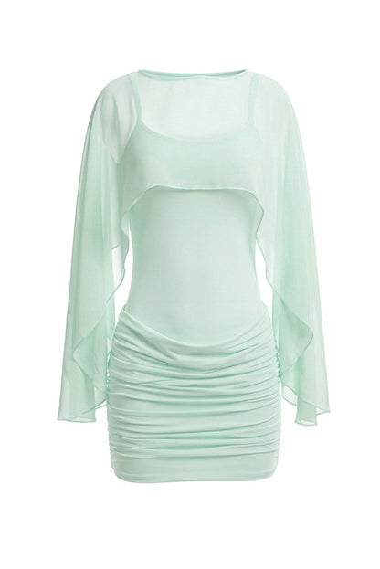 Ruched Mini Dress with Sheer Cape Overlay