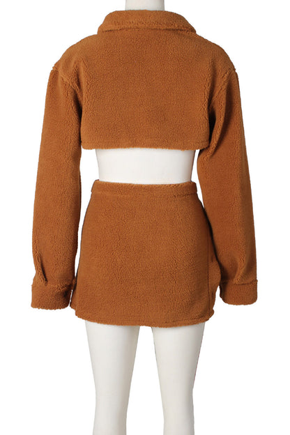 Fleece Long Sleeve Crop Tops Button Split Skirts