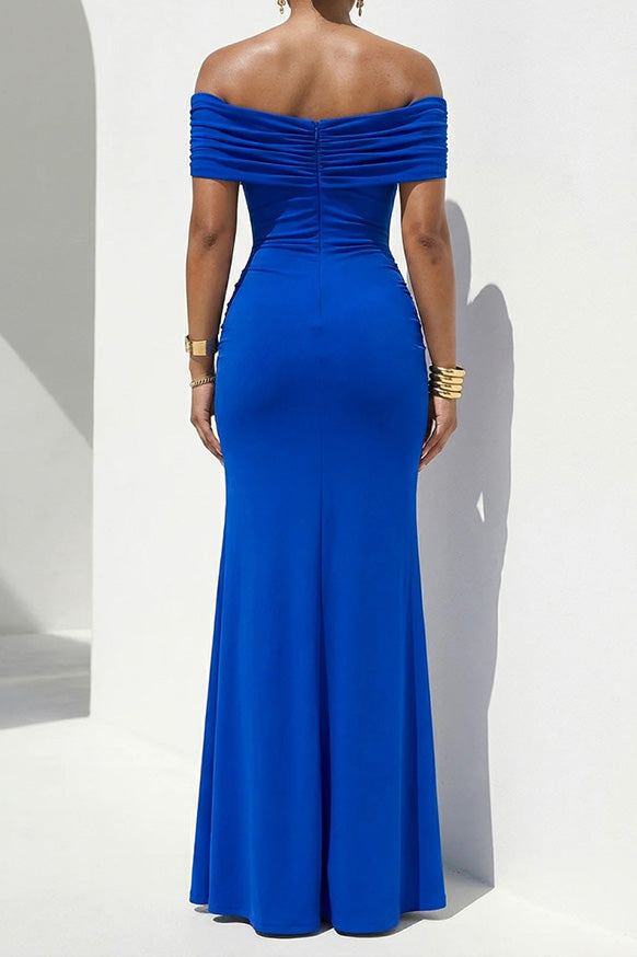 Off-Shoulder Draped Slit Maxi Dress