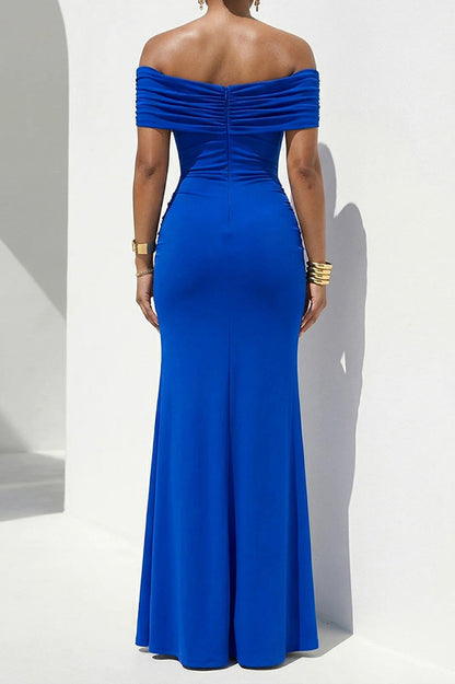 Off-Shoulder Draped Slit Maxi Dress