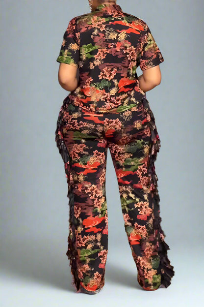 Elegant Printed Lapel Shirt and Pants Set