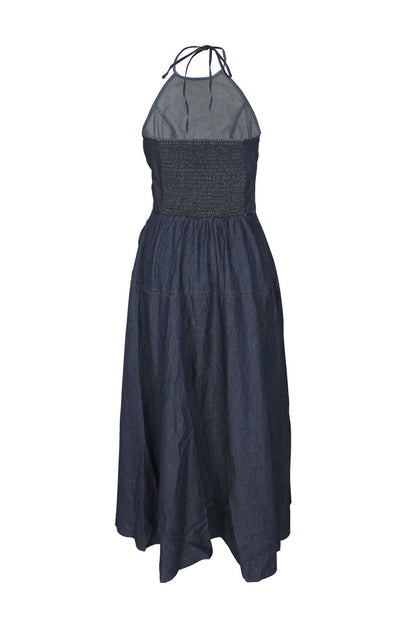 Halter Neck Tiered A-Line Denim Maxi Dress