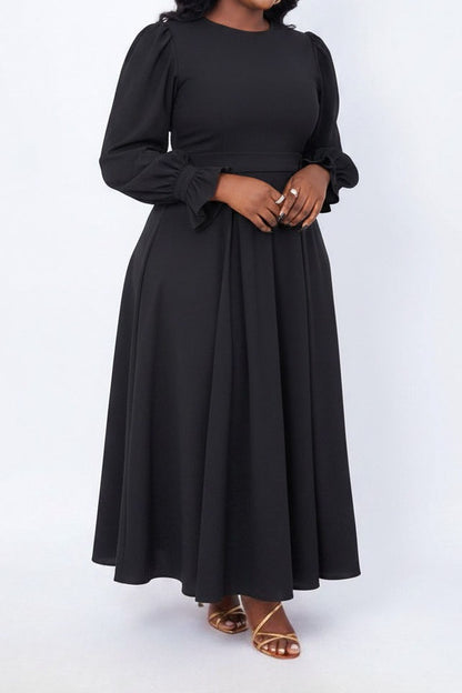 Plus Size Ruffle Cuff Pleated A-Line Midi Dress