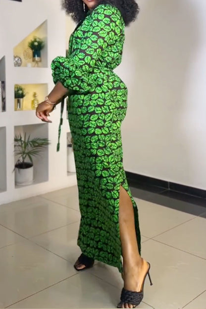 Print Slit V Neck Long Dresses