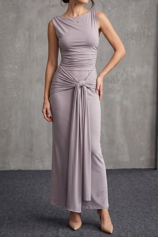 Draped Knot-Front Ruched Maxi Dress