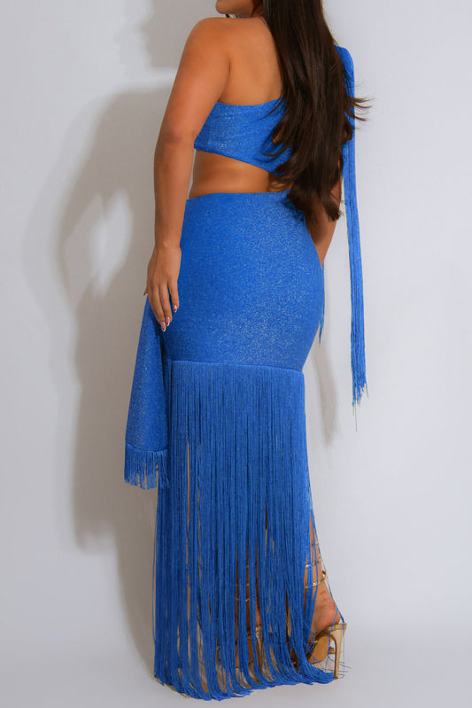 Shimmer One Shoulder Fringe Cutout Maxi Dress