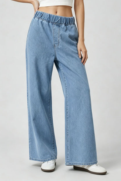 Elastic Waist Non-Stretch Wide Leg Jeans