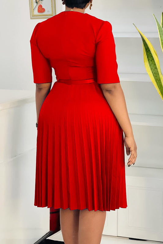 Solid Belted Pleated Dress