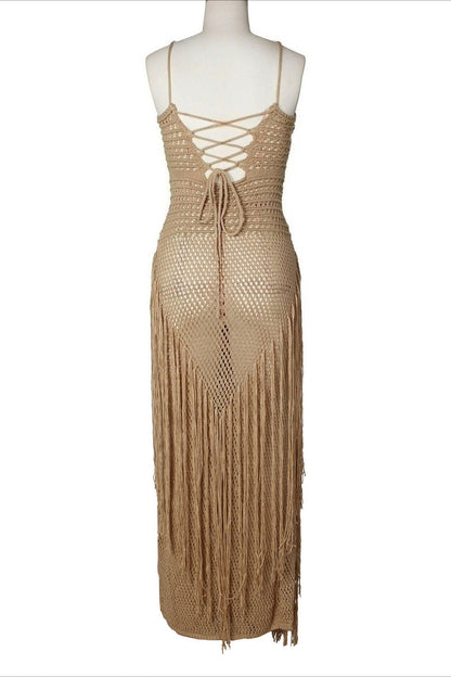 Boho Crochet Cutout Fringe Maxi Dress