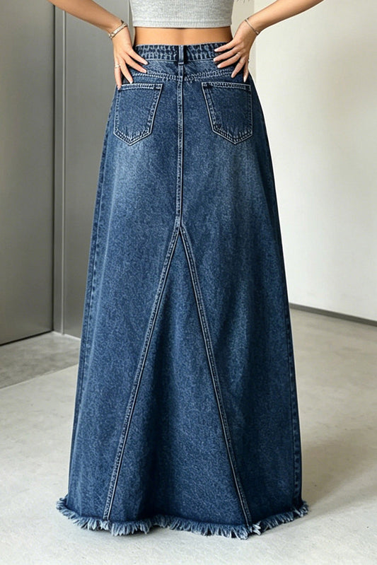 Raw-Hem Godet Denim Maxi Skirt