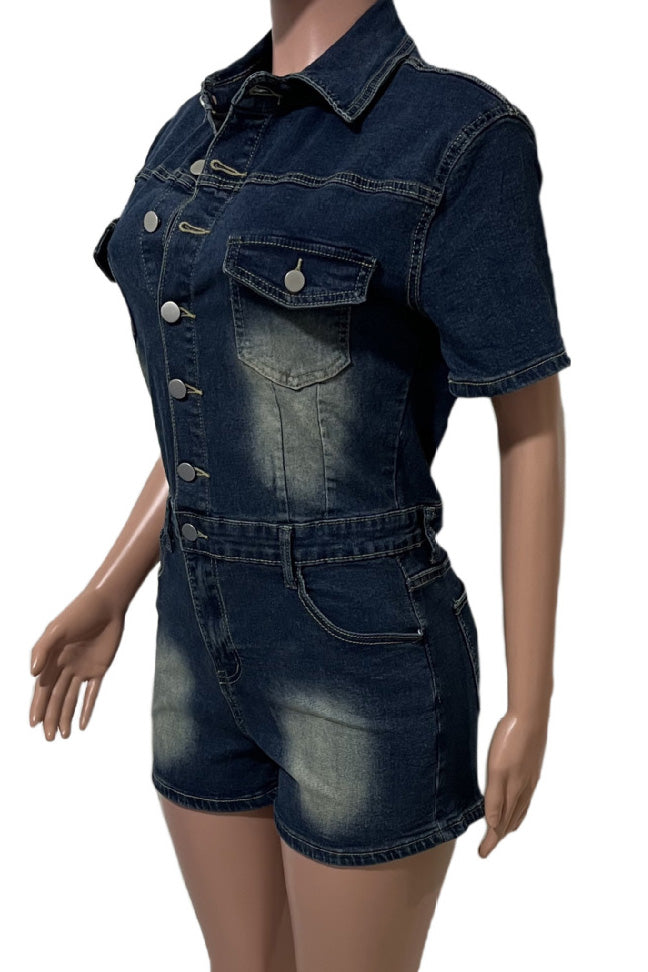 Short Sleeve Slim Fit Stretch Denim Romper