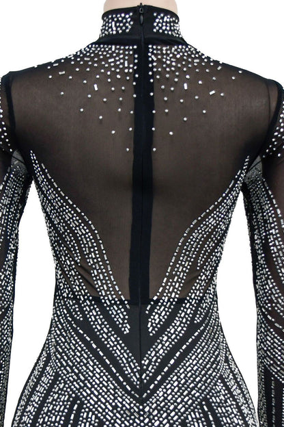 Rhinestone Embellished Sheer Mesh Mini Dress