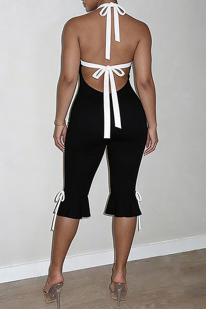 Contrast Halter Ruffle Hem Jumpsuit