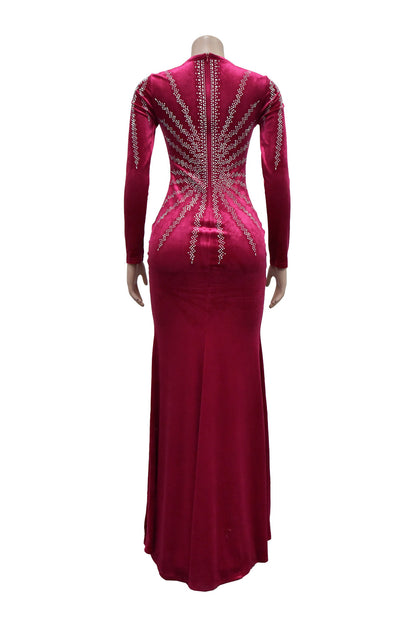 Rhinestone Plunge Illusion Velvet Maxi Dress