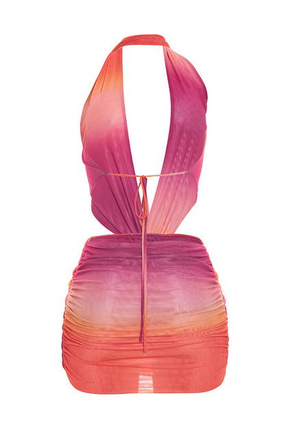 Plunging Halter Twist Front Cutout Mini Dress
