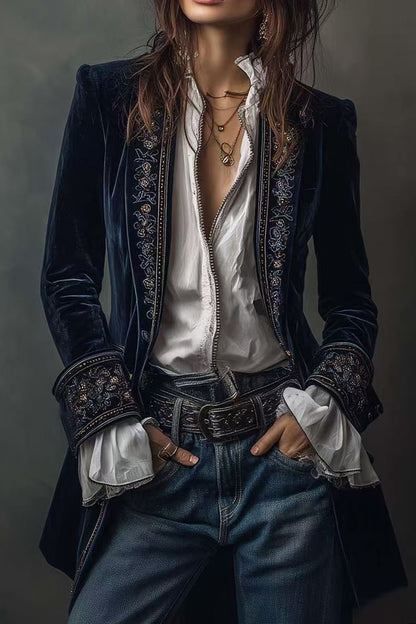 Velvet Embroidered Long Jacket