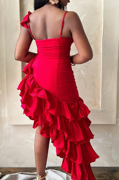 Solid Color Ruffle Hem Spaghetti Strap Dress