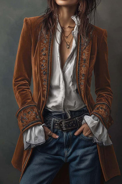 Velvet Embroidered Long Jacket