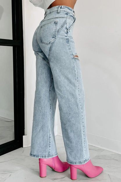 Mid Rise Crystal Slit Knee Jeans
