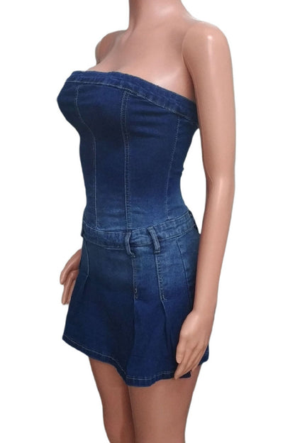 Pleated Denim Mini Dress