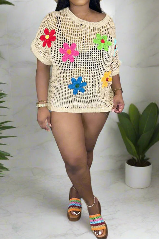 Crochet Flower Hollow-out Sweater T Shirt