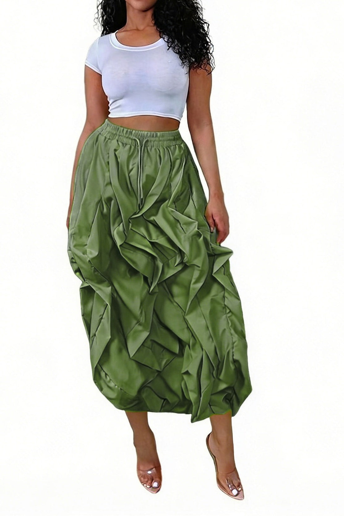 Ruched Drawstring Parachute Maxi Skirt