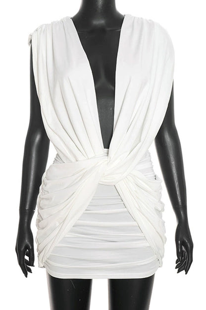 Plunging Twist Front Backless Mini Dress