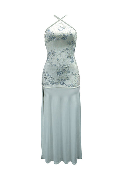 Sequin Floral Halter Mermaid Maxi Dress