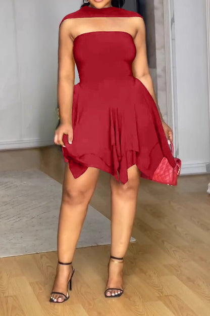 Elegant Asymmetrical Strapless Ruched Layered Dress