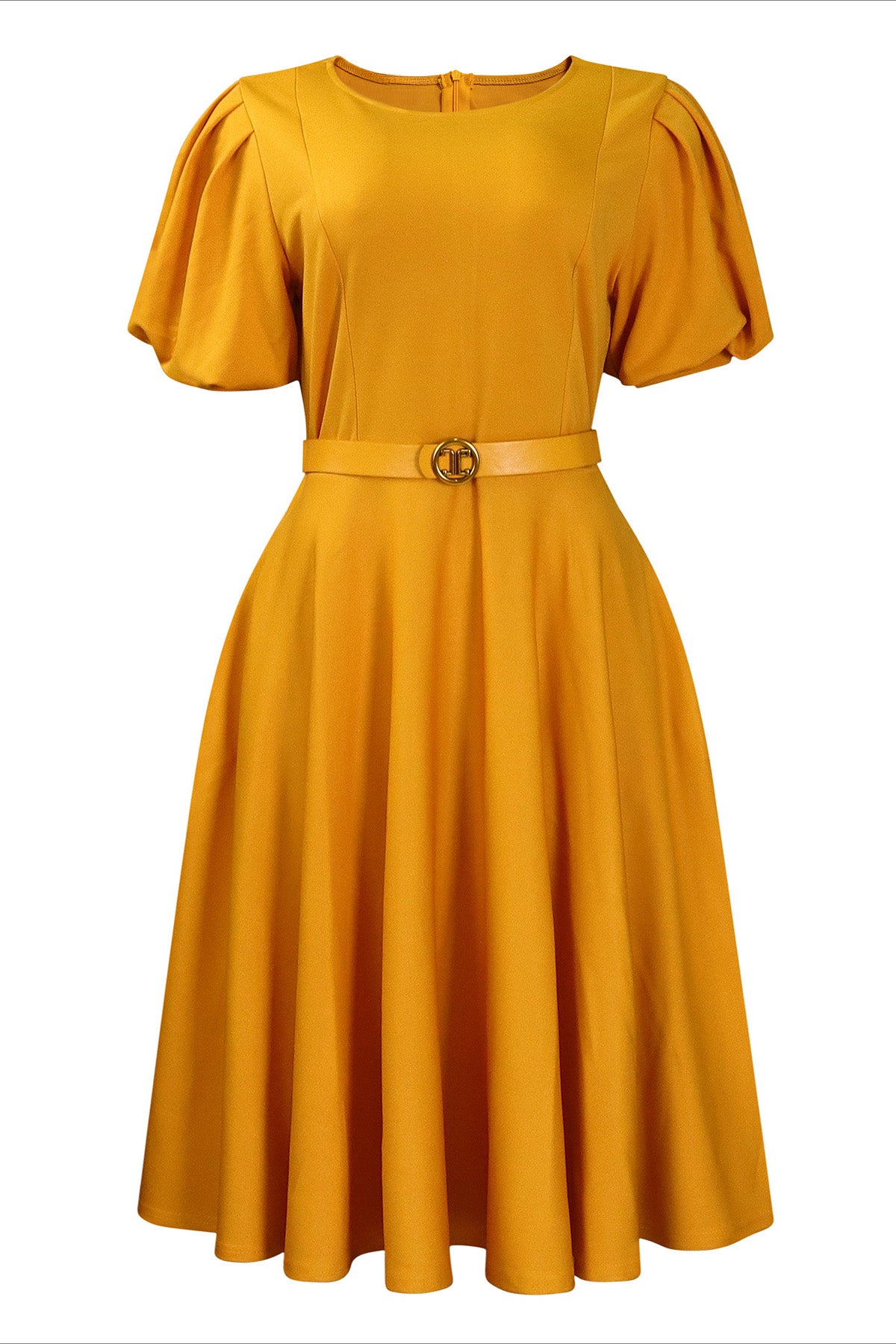 Puff Sleeve High Waist Solid Round Neck Dress